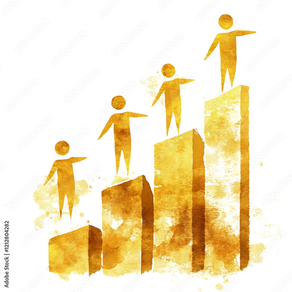 Poster the image depicts four golden figures ascending a bar chart symbolizing growth and progress towards 