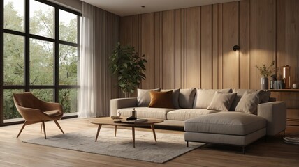 Minimalist Empty Living Room with Light Wooden Flooring and Neutral-Toned Furniture