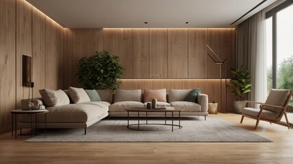 Minimalist Empty Living Room with Light Wooden Flooring and Neutral-Toned Furniture