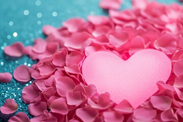 Obraz premium A pink heart surrounded by rose petals on a sparkling blue background.