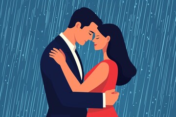 A romantic embrace under pouring rain, capturing love and emotion vividly.