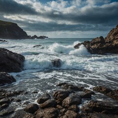 "A rocky beach with waves crashing against the shore, high-resolution DSLR shot, blurred horizon line."