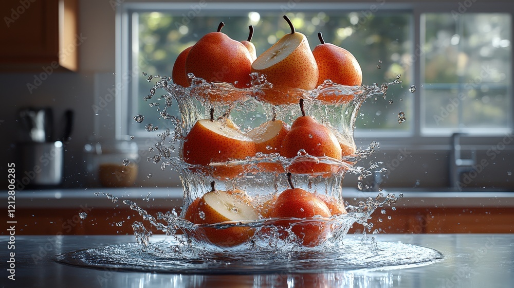 Poster juicy pears splashing into a glass bowl filled with water, creating a dynamic and refreshing image p