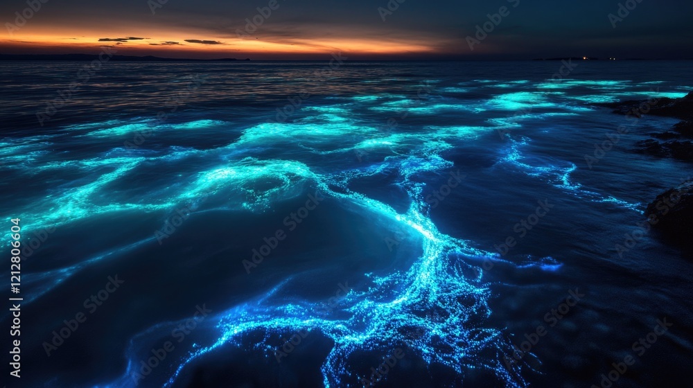 Poster glowing bioluminescent waves at twilight illuminate the dark ocean shore creating a natural abstract