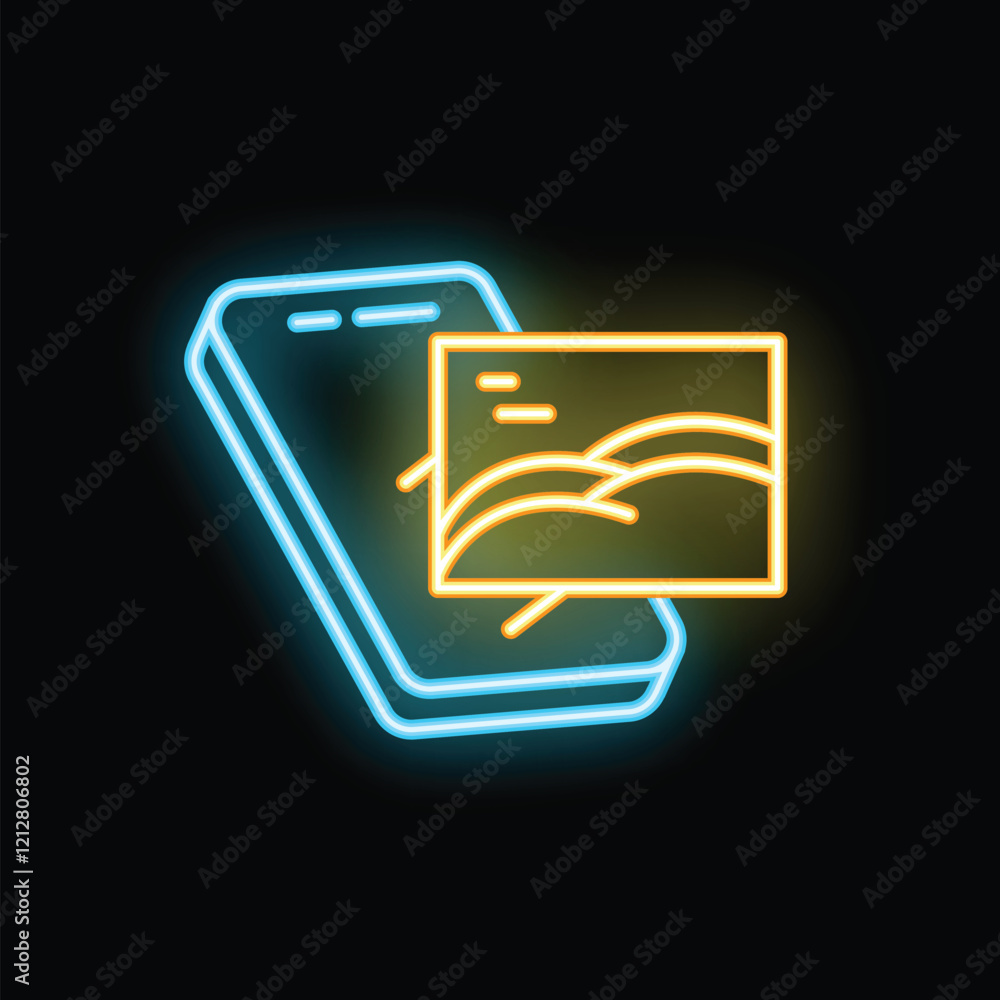 Poster neon sign representing a smartphone showing an image gallery on a black background