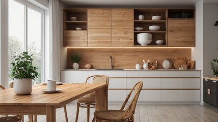 Wooden Light Tabletop in Modern White Kitchen – Clean and Minimalist Interior Design