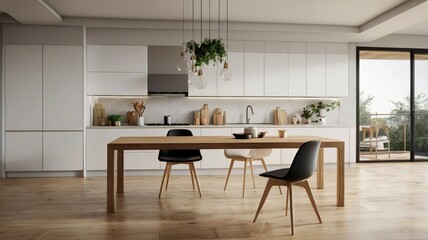 Wooden Light Tabletop in Modern White Kitchen – Clean and Minimalist Interior Design