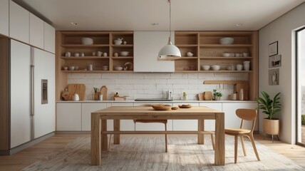 Wooden Light Tabletop in Modern White Kitchen – Clean and Minimalist Interior Design