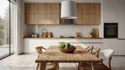 Wooden Light Tabletop in Modern White Kitchen – Clean and Minimalist Interior Design