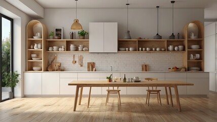 Wooden Light Tabletop in Modern White Kitchen – Clean and Minimalist Interior Design