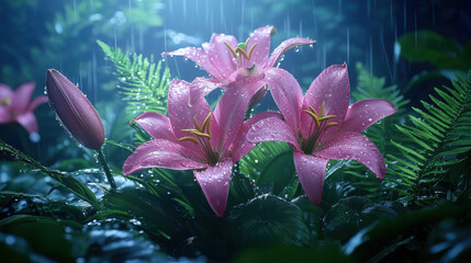 Lush pink rain lilies bloom amidst vibrant greenery, glistening with raindrops © JackBoiler