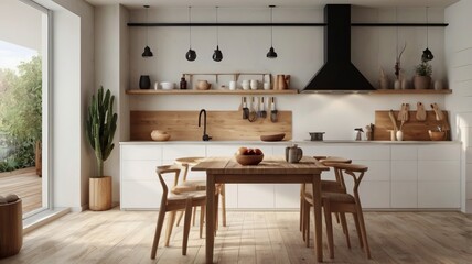 Wooden Light Tabletop in Modern White Kitchen – Clean and Minimalist Interior Design