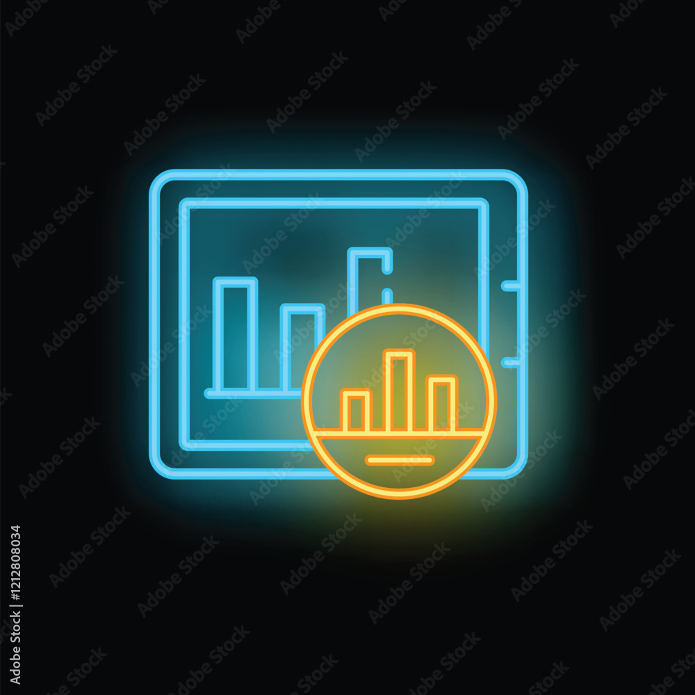 Poster neon icon of a tablet computer is displaying statistical charts, symbolizing business analysis