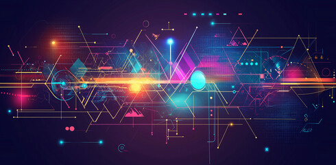 Obraz premium Abstract Geometric Background with Triangles and Dots in Blue, Purple, and Pink Colors, Futuristic Digital Technology Concept with Lines and Patterns on a Dark Blue Backdrop
