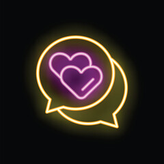 Two glowing neon speech bubbles with hearts representing online dating and romance