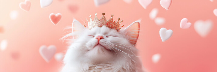 Adorable white cat wearing a crown, surrounded by hearts. Saint Valentine's day background.