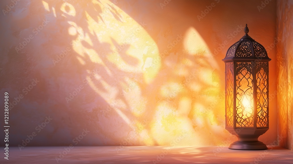Poster ornate lantern casting intricate shadows on a softly lit wall, creating a warm and serene atmosphere