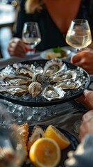 Fototapeta premium Fresh oysters on ice, garnished with lemon, perfect for restaurant menus and food blogs.