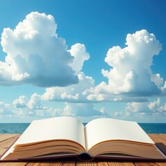 Fluffy white clouds drift above an open book, pages blank , dream, background
