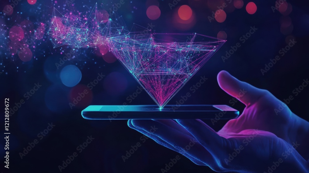 Poster hand holding smartphone displaying glowing triangle symbol on screen in dark environment