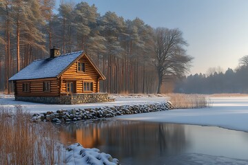Wooden Cabin Winter Wonderland Lakeside Serenity