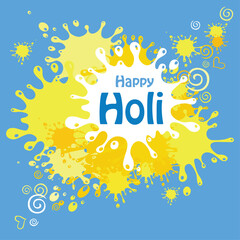 Happy Holi spring festiva. Celebration blue background with colors splash, Frame and place for your text.  Vector Illustration
