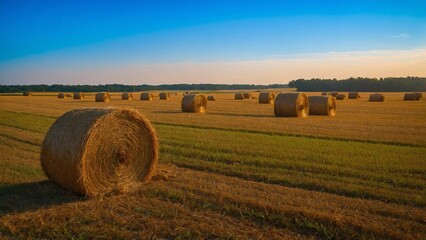 Fototapeta premium Round Hay Bails in a Field 