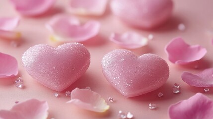 Fototapeta premium Romantic Heart-Shaped Accents with Rose Petals, Pastel Pink Background, Digital Art, Soft and Delicate, Close-Up View