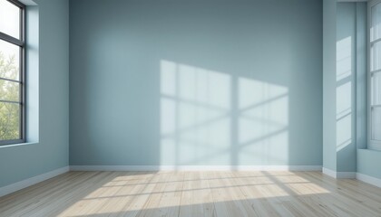 Sunlight pours through large windows of a serene blue-walled room, casting intricate shadows onto the wooden floor, creating a peaceful and inviting atmosphere