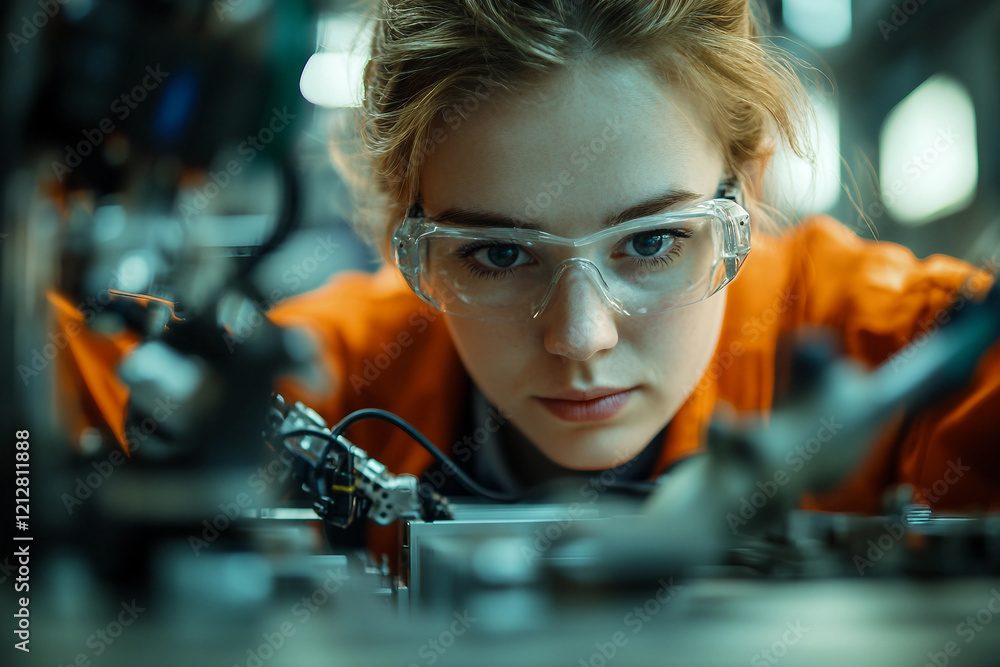Poster the humanoid robot is positioned in the center of a factory ai generative