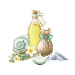 Olive massage oil, aleppo soap, sack with sea salt, terrycloth towel, candle and plumeria flowers. Hand drawn watercolor isolated illustration of ecological organic bodycare products for spa design.