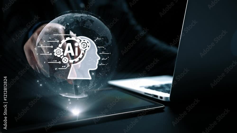 Poster human interact with ai artificial intelligence brain processor in concept of ai artificial intellige
