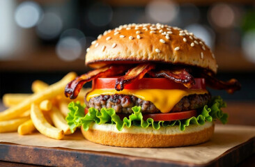 Tasty burger with juicy patty, fried bacon, fresh herbs and cheese on wooden board, with fries lying nearby. Background cafe blur. Fast food concept