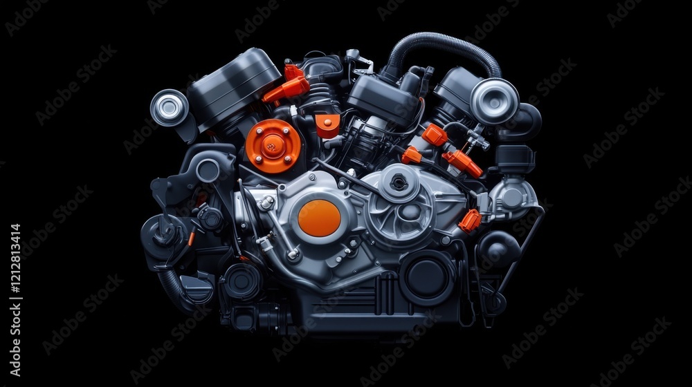 Poster detailed high-resolution image of a modern engine components and mechanisms on a black background