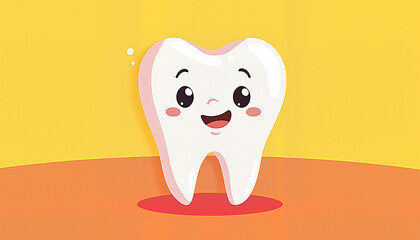 Happy cartoon tooth on yellow and orange background