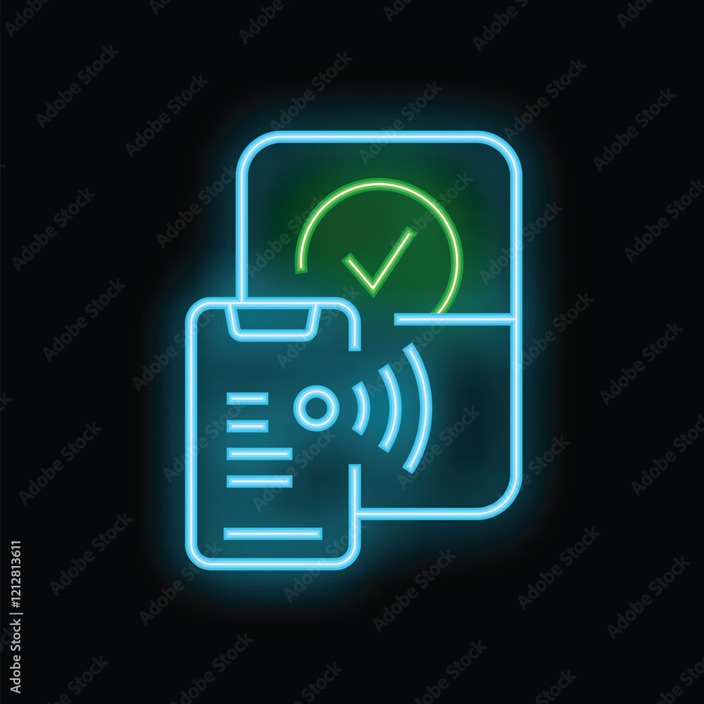 Aufkleber neon sign of a smartphone scanning a qr code with a green check mark, indicating a successful scan