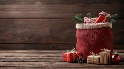 festive red Santa sack overflowing with Christmas gifts and decorations, creating warm holiday atmosphere. Perfect for celebrating joy of season