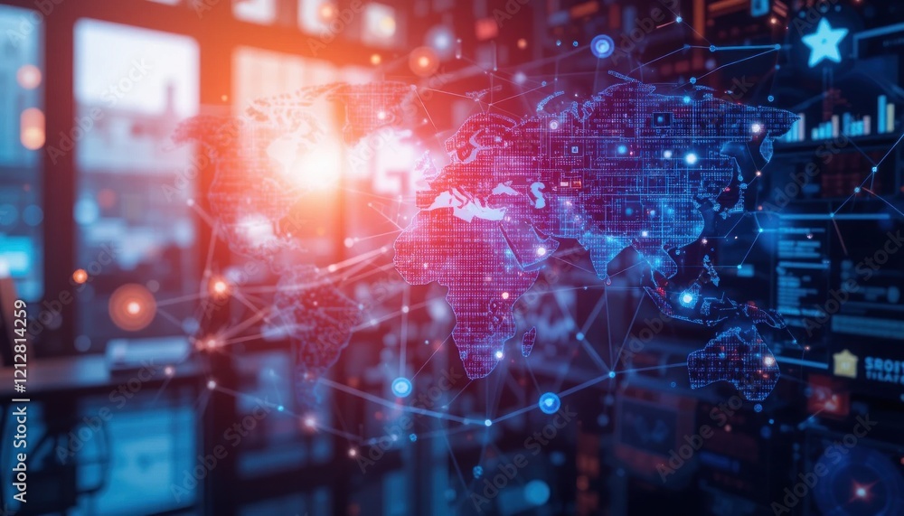 Aufkleber global network connectivity and data visualization interface with connected world map
