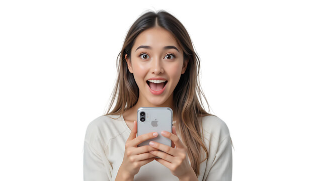 Portrait of shocked but happy modern beautiful girl with wow face, holding phone in hands, surprised with commercial offer on transparent backgraound