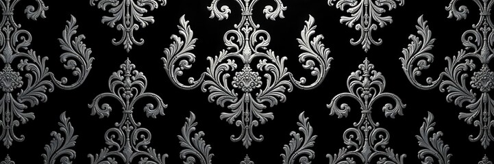 Silver filigree on black, gothic damask wallpaper Seamless repeat , fabric, elegant