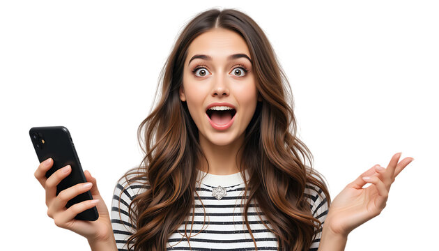 Portrait of shocked but happy modern beautiful girl with wow face, holding phone in hands, surprised with commercial offer on transparent backgraound