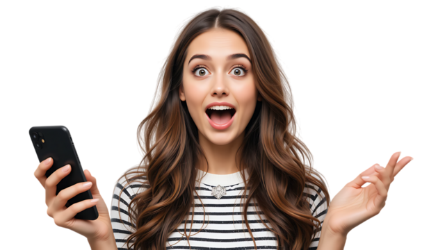 Portrait of shocked but happy modern beautiful girl with wow face, holding phone in hands, surprised with commercial offer on transparent backgraound