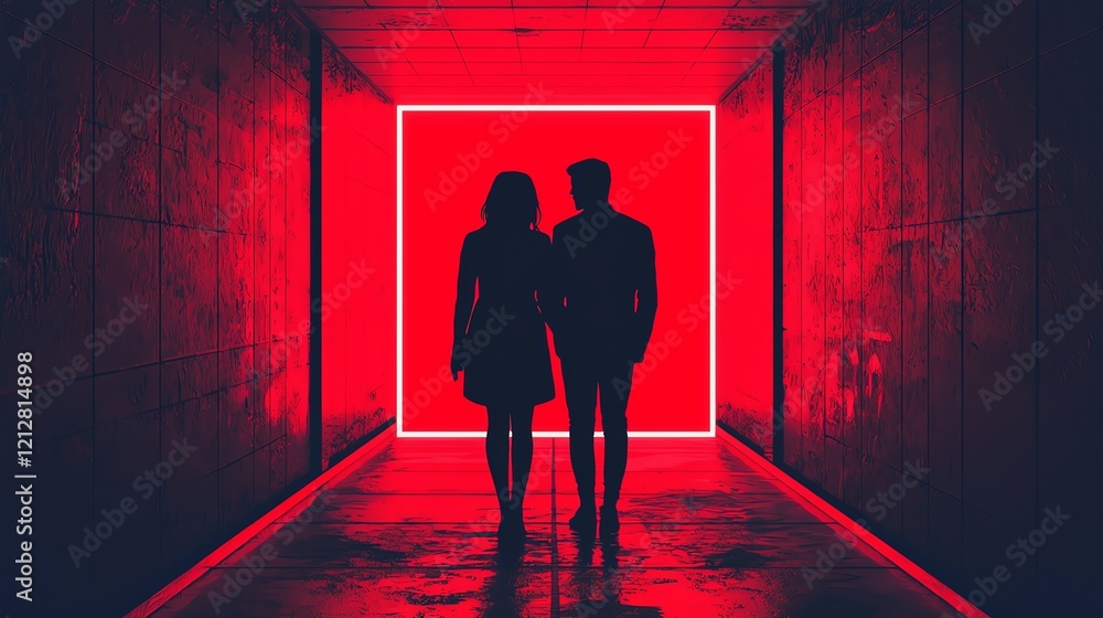 Poster silhouette of a couple walking through a red illuminated corridor, creating a moody atmosphere.