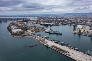 Fototapeta premium Aerial view of a cargo ship on port of Varna, Bulgaria. Logistics and transport