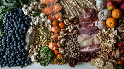 An inviting display features vibrant blueberries, fresh fish, assorted meats, and a variety of fruits and grains, highlighting the beauty of seasonal harvest and culinary inspiration