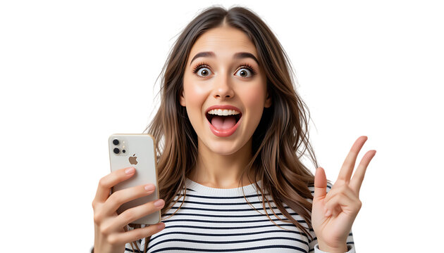 Portrait of shocked but happy modern beautiful girl with wow face, holding phone in hands, surprised with commercial offer on transparent backgraound