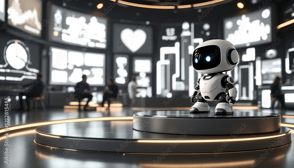 Poster small robot stands on platform in futuristic office setting