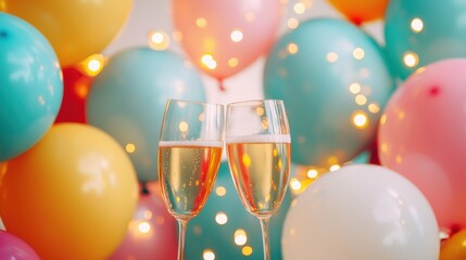A cheerful toast moment at a retirement party, with clinking glasses framed by colorful balloons and twinkling fairy lights, creating a vibrant celebratory atmosphere