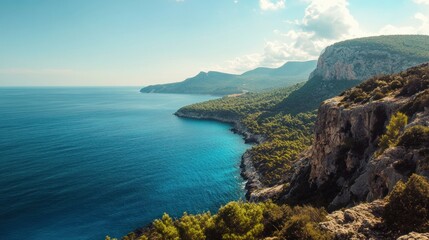 Fototapeta premium Coastal Landscape with Mountains and Clear Blue Sea
