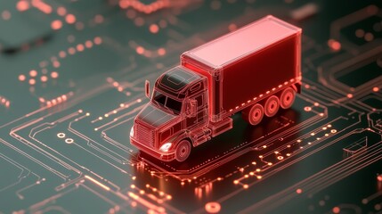 Red truck navigating a circuit board, symbol of modern logistics and technological transportation